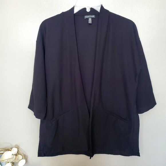 Eileen Fisher Black Jacket Womens Size XXS Open Front Viscose Knit Blend Stretch